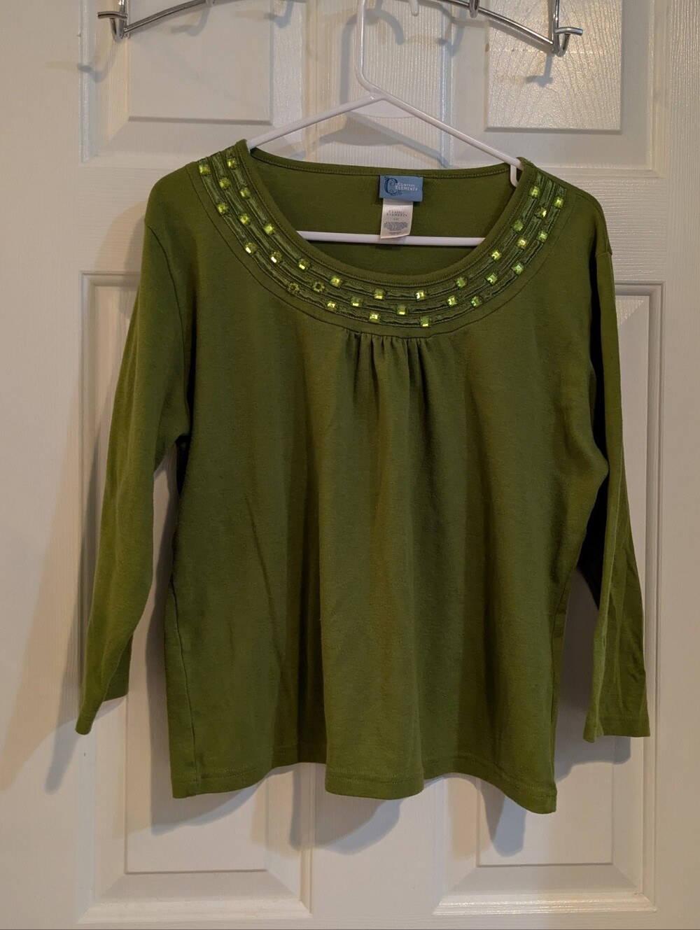 Olive Green Long Sleeve Top with Beaded Neckline